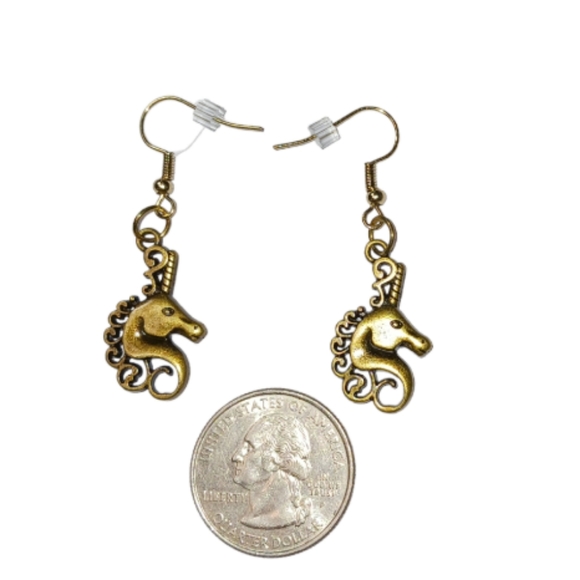 Unicorn Earrings in Antique Gold Artisan Made Magical Whimsical - Picture 2 of 7